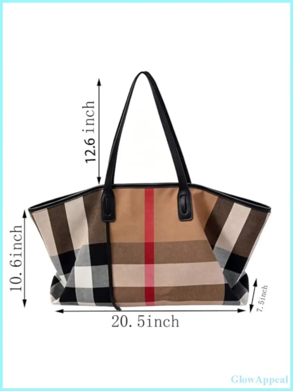 Large Checkered Canvas Work Tote with Faux Leather Handles, Zipper